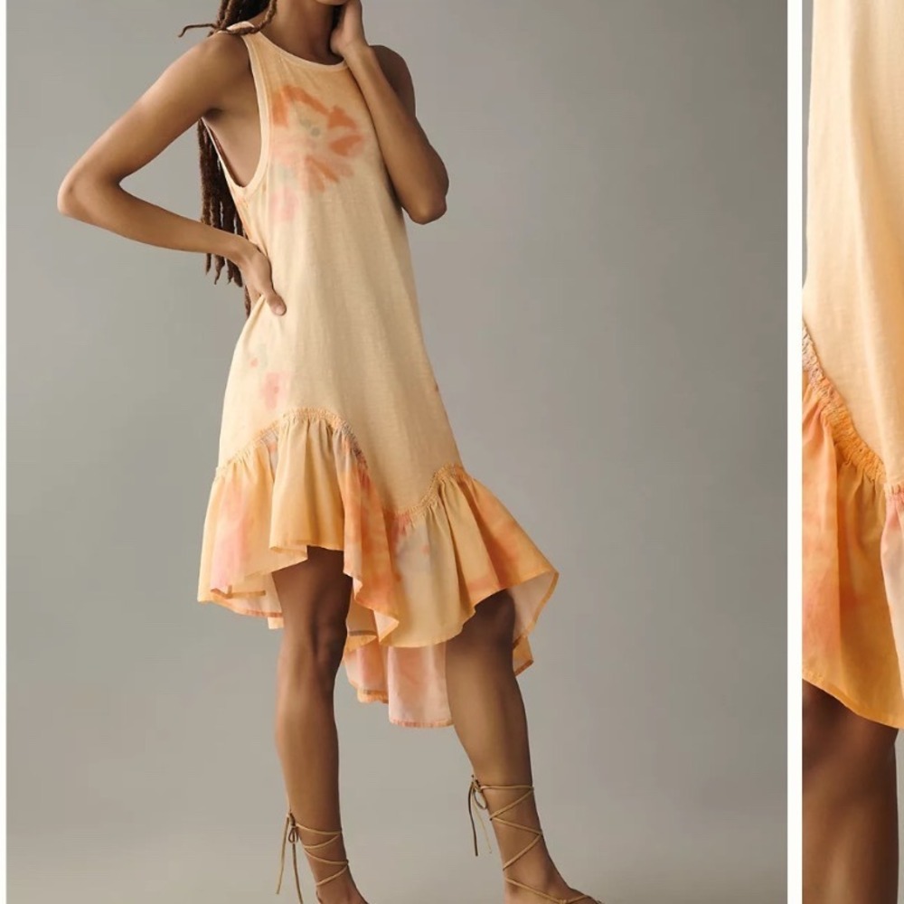 Daily Practice Anthropologie orange tie-dye asymmetrical ruffle midi dress Sz L